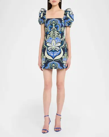 Cara Cara Kelly Blue Tile Print Puff-Sleeve Dress | Thumbnail 2