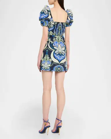Cara Cara Kelly Blue Tile Print Puff-Sleeve Dress | Thumbnail 3