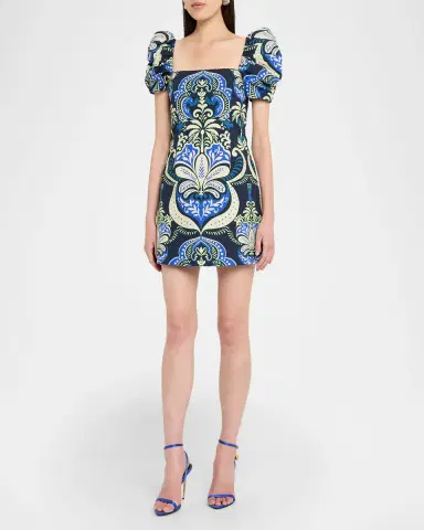 Cara Cara Kelly Blue Tile Print Puff-Sleeve Dress | Thumbnail 4