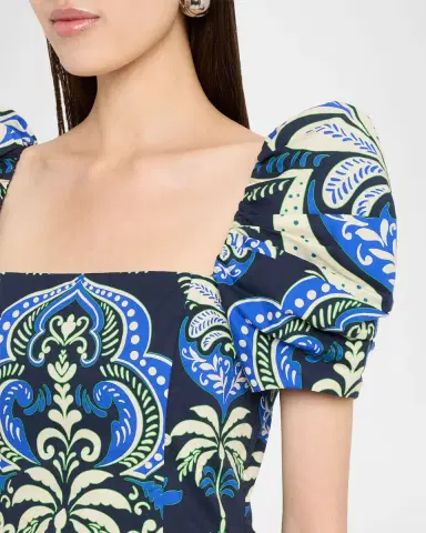 Cara Cara Kelly Blue Tile Print Puff-Sleeve Dress | Thumbnail 5