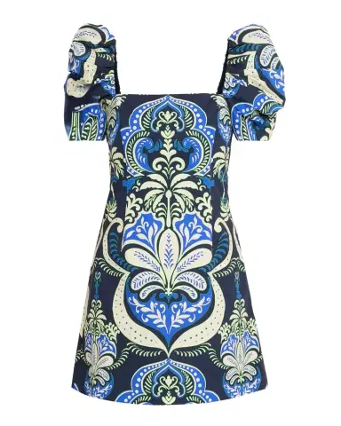 Cara Cara Kelly Blue Tile Print Puff-Sleeve Dress | Thumbnail 1