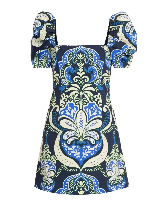 Kelly Blue Tile Print Puff-Sleeve Dress