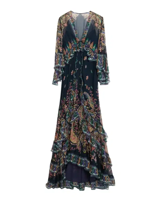 Paisley Silk Ruffle Long-Sleeve Maxi Dress