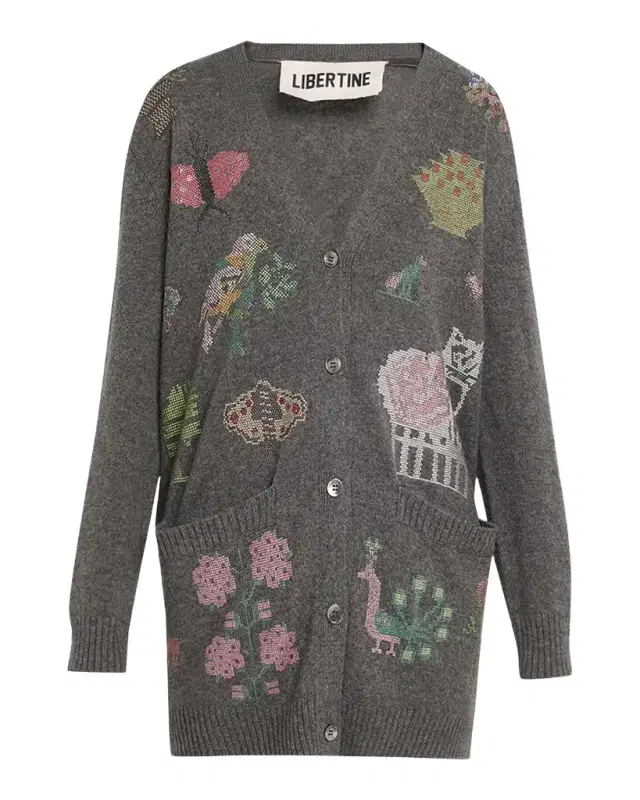 Libertine Needlepoint Embellished Cashmere Oversized V-Neck Cardigan