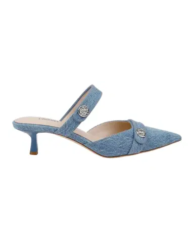 L 'AGENCE 50mm Gialliane Denim Kitten-Heel Mules | Thumbnail 1 L 'AGENCE 50mm Gialliane Denim Kitten-Heel Mules | Thumbnail 1