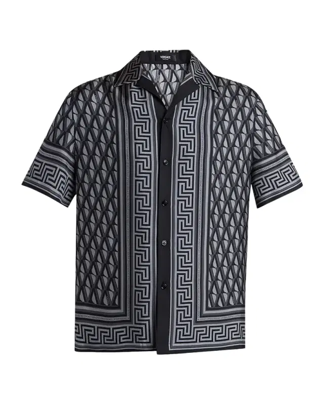 Men 's Silk Monogram Greca-Trim Bowling Shirt