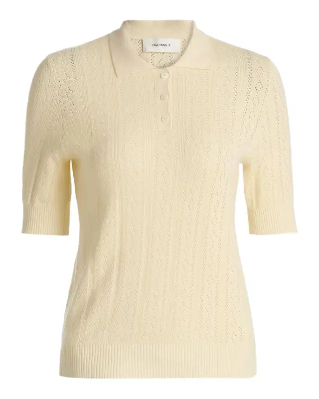 Cristine Cashmere Pointelle Short-Sleeve Polo Sweater