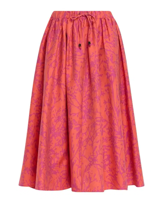 Coral-Print Drawstring Midi Skirt