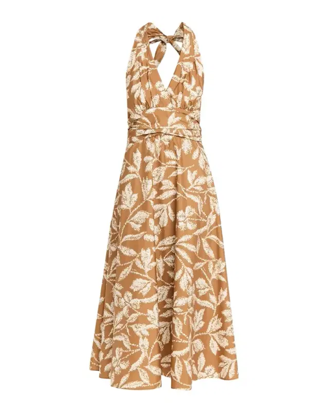 Botanical-Print Halter Midi Dress