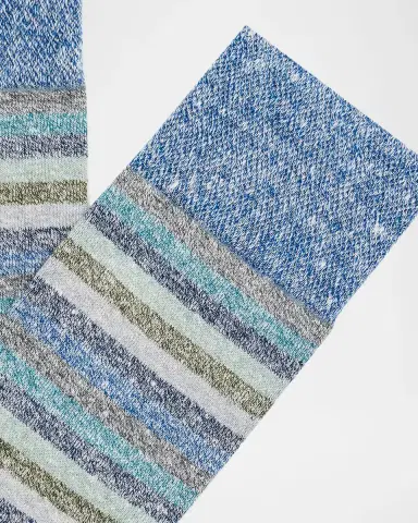 Marcoliani Men 's Linen and Cotton Stripe Crew Socks | Thumbnail 2