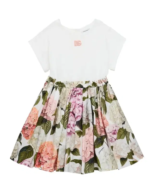Dolce & Gabbana Girl 's Rhinestone DG Hydrangea-Print Jersey & Poplin Dress, Size 2-6