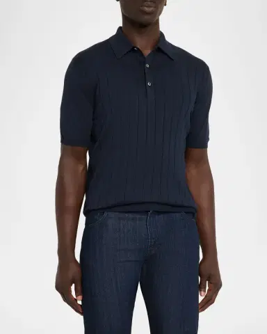 Kiton Men's Wide Rib Sea Island Cotton Polo Sweater | Thumbnail 4 Kiton Men's Wide Rib Sea Island Cotton Polo Sweater | Thumbnail 4