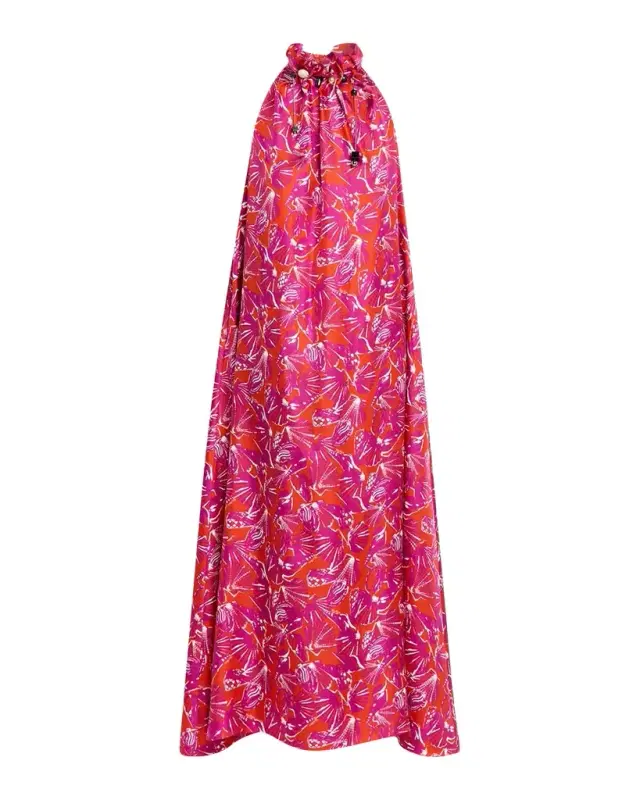 Shell-Print Trapeze Silk Maxi Dress