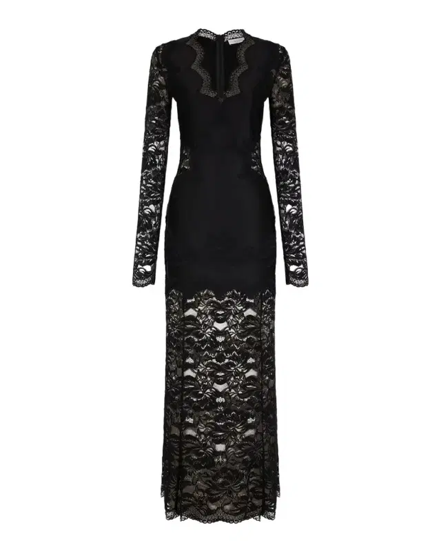 Rabanne Long-Sleeve Stretch Lace Jersey Maxi Dress