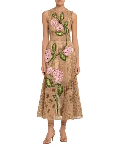 Oscar de la Renta Cross-Stitched Rattan Guipure Sleeveless Midi Dress | Thumbnail 1 Oscar de la Renta Cross-Stitched Rattan Guipure Sleeveless Midi Dress | Thumbnail 1