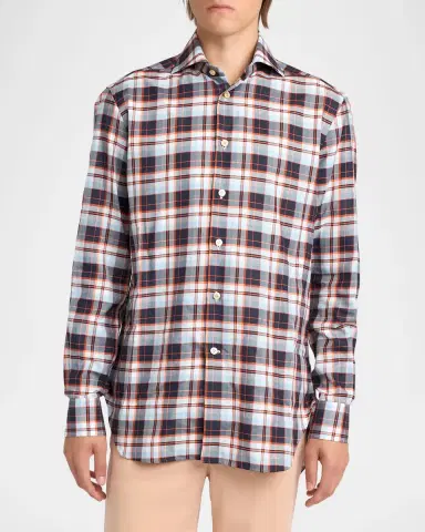 Kiton Men's Check Cotton Button-Down Shirt | Thumbnail 4 Kiton Men's Check Cotton Button-Down Shirt | Thumbnail 4