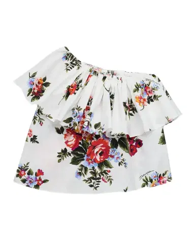Dolce & Gabbana Girl's One-Shoulder Ruffle Floral Poplin Top, Size 2-6 | Thumbnail 1 Dolce & Gabbana Girl's One-Shoulder Ruffle Floral Poplin Top, Size 2-6 | Thumbnail 1