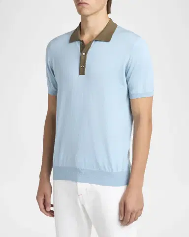 Kiton Men's Cotton Knit Contrast-Trim Polo Shirt | Thumbnail 4 Kiton Men's Cotton Knit Contrast-Trim Polo Shirt | Thumbnail 4