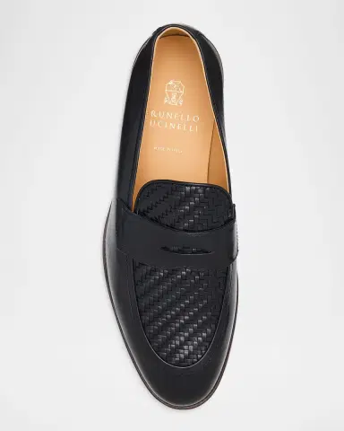 Brunello Cucinelli Men's Woven Vamp Leather Penny Loafers | Thumbnail 4