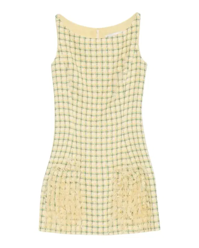 Embellished-Pocket Check Tweed Sleeveless Mini Dress