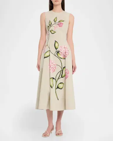 Oscar de la Renta Sleeveless Porcelain Flowers-Print Midi Day Dress | Thumbnail 2