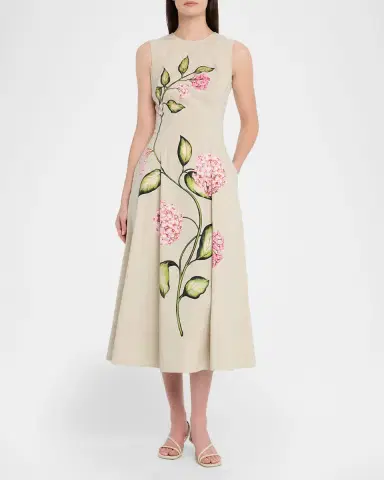Oscar de la Renta Sleeveless Porcelain Flowers-Print Midi Day Dress | Thumbnail 4