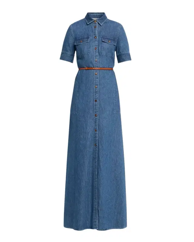 Lafayette 148 New York Belted Cotton Chambray Maxi Shirtdress