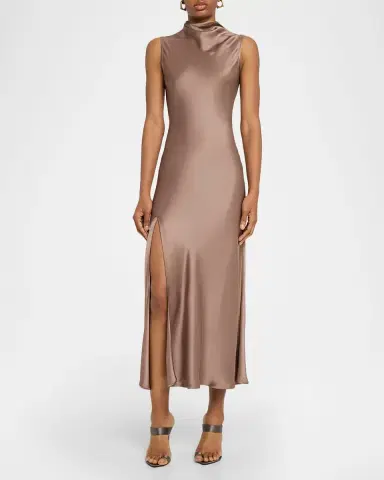 Lapointe Sleeveless Draped-Neck Satin Slit Midi Dress | Thumbnail 2 Lapointe Sleeveless Draped-Neck Satin Slit Midi Dress | Thumbnail 2