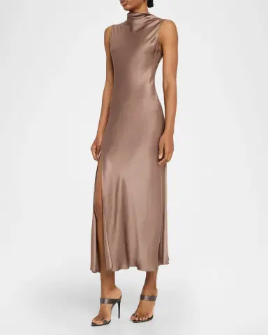Lapointe Sleeveless Draped-Neck Satin Slit Midi Dress | Thumbnail 4 Lapointe Sleeveless Draped-Neck Satin Slit Midi Dress | Thumbnail 4