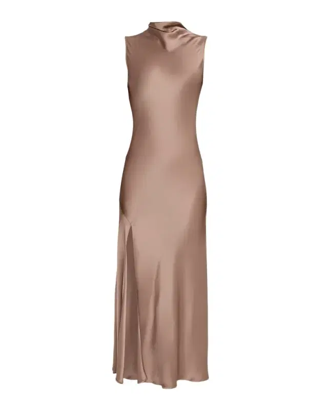 LAPOINTE Sleeveless Draped-Neck Satin Slit Midi Dress