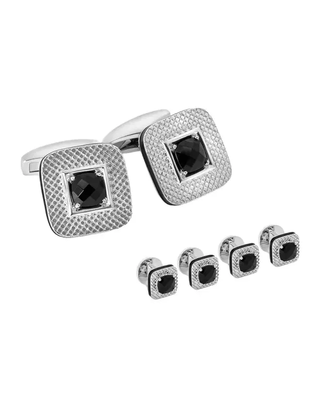 Men 's Limited Edition Refratto Black Spinel Cufflink Shirt Stud Set