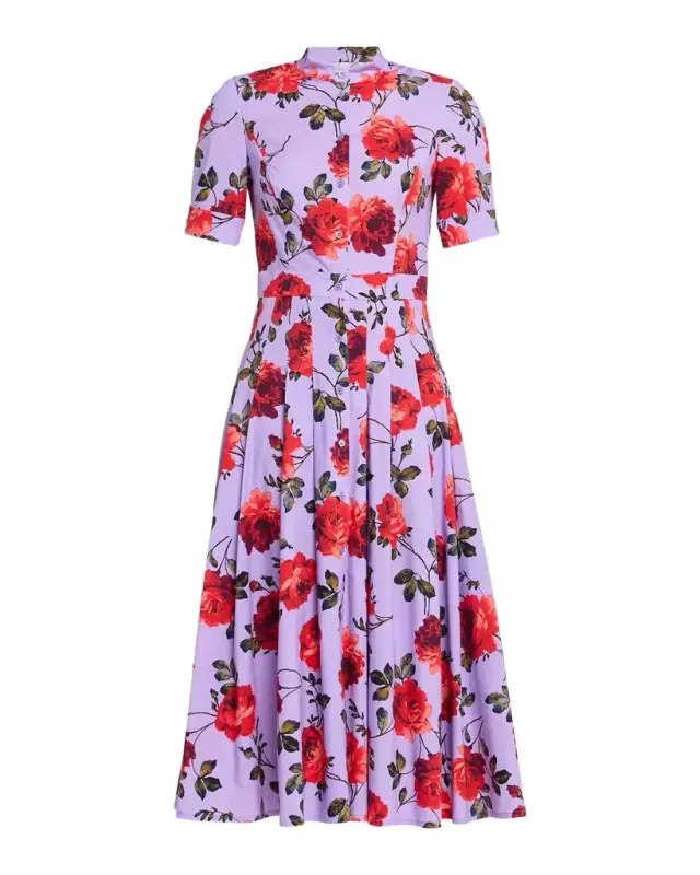 Carnation-Print Short-Sleeve Pleated Midi Shirtdress