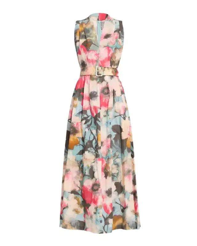 Floral-Print Cotton Sleeveless Midi Dress With Belt