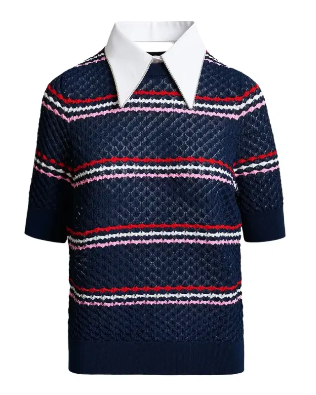 Essentiel Antwerp Jantasy Striped Honeycomb Knit Embellished Collar Polo