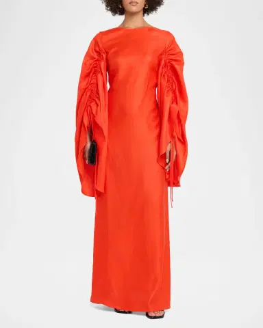 CHRISTOPHER JOHN ROGERS Ruched Shell-Sleeve Bow Backless Maxi Dress | Thumbnail 2