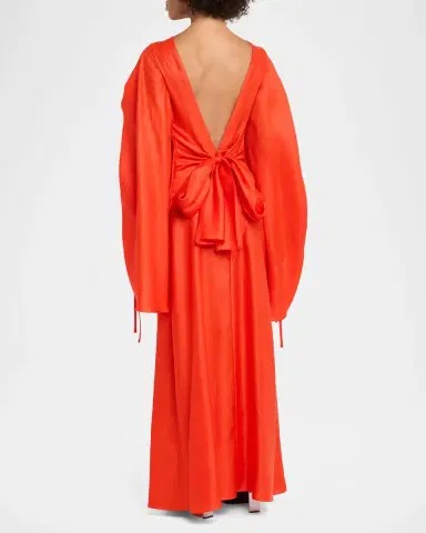CHRISTOPHER JOHN ROGERS Ruched Shell-Sleeve Bow Backless Maxi Dress | Thumbnail 3