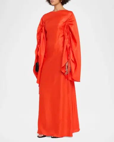 CHRISTOPHER JOHN ROGERS Ruched Shell-Sleeve Bow Backless Maxi Dress | Thumbnail 4