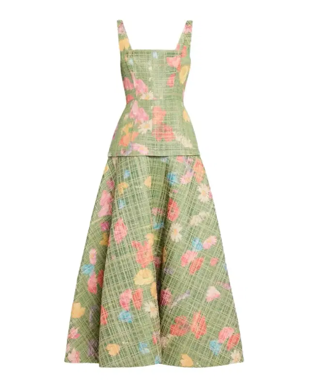 Floral Raffia Drop-Waist Sleeveless Ankle Dress