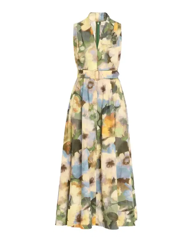 Floral-Print Cotton Sleeveless Midi Dress With Belt