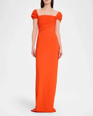 Oscar de la Renta Cap-Sleeve Draped Cady Column Gown | Thumbnail 2