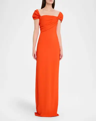 Oscar de la Renta Cap-Sleeve Draped Cady Column Gown | Thumbnail 4