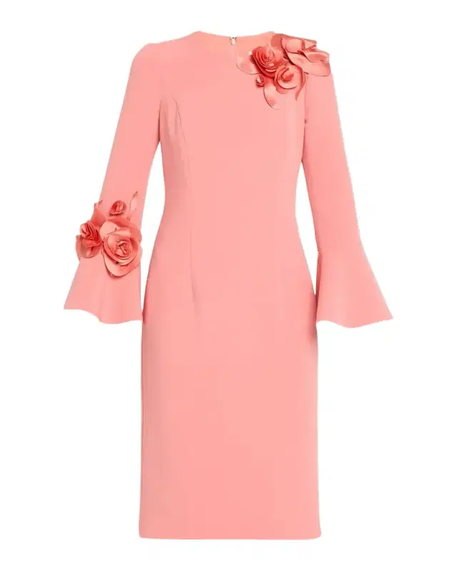 Rickie Freeman for Teri Jon Floral Applique Flare-Cuff Crepe Dress