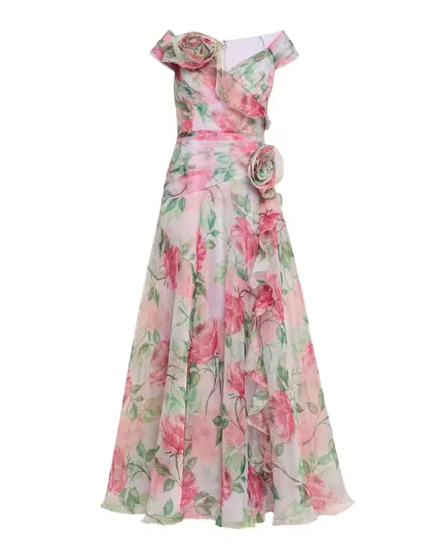 Pleated Off-Shoulder Floral-Print Organza Gown