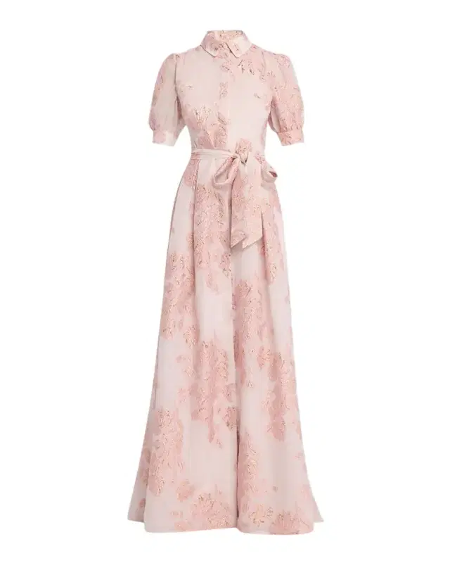 Rickie Freeman for Teri Jon Jacquard Short-Sleeve Collared Gown