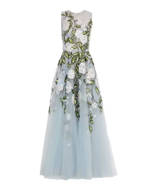 Sleeveless Porcelain Flower Embroidered Tulle Gown