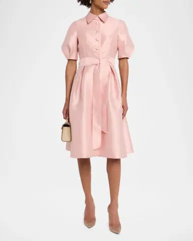 Rickie Freeman for Teri Jon Puff-Sleeve Pique Faille Shirtdress | Thumbnail 2