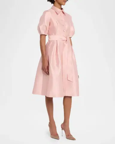 Rickie Freeman for Teri Jon Puff-Sleeve Pique Faille Shirtdress | Thumbnail 4
