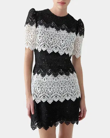 Carolina Herrera Tiered Colorblock Lace Short-Sleeve Mini Dress | Thumbnail 4 Carolina Herrera Tiered Colorblock Lace Short-Sleeve Mini Dress | Thumbnail 4