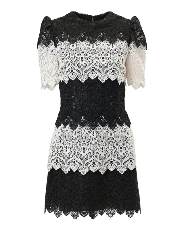 Tiered Colorblock Lace Short-Sleeve Mini Dress
