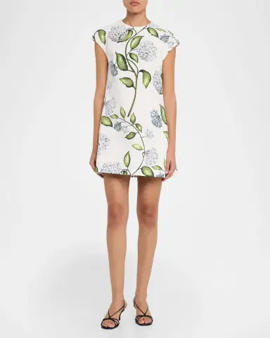 Oscar de la Renta Short-Sleeve Porcelain Flowers Embroidered Midi Dress | Thumbnail 2 Oscar de la Renta Short-Sleeve Porcelain Flowers Embroidered Midi Dress | Thumbnail 2
